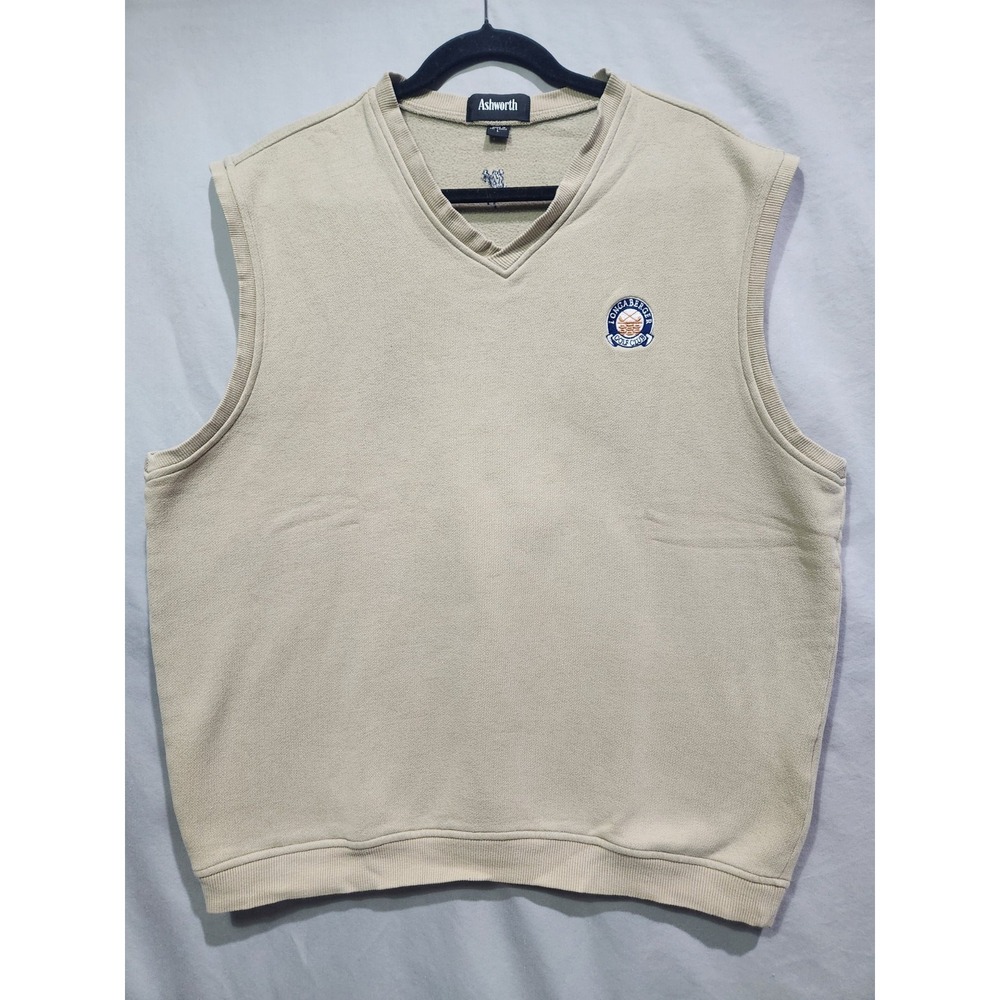 Longaberger Golf Club Embroidered Ashworth Preppy Pullover Beige Sweater Vest LG